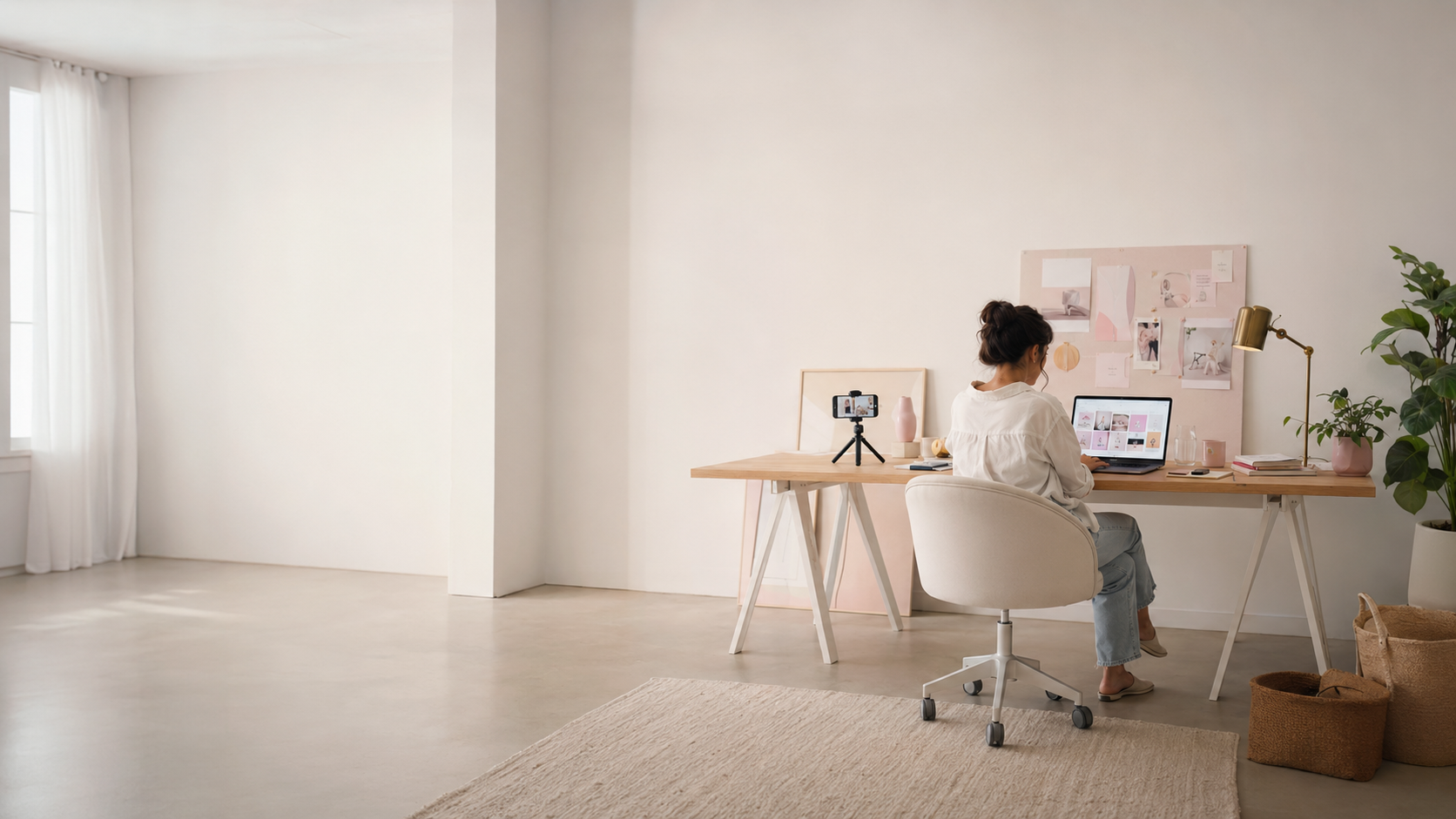 A content creator working on social media content in a spacious creative studio