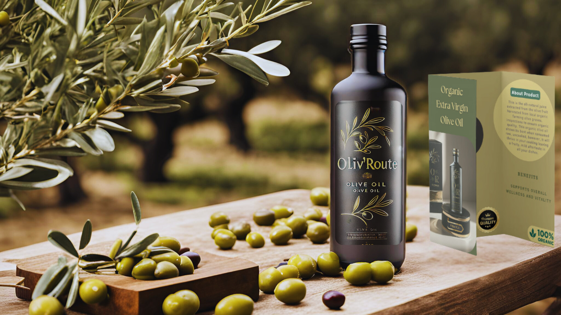Oliv’Route olive oil brand concept with a black and gold bottle and coordinated brochure