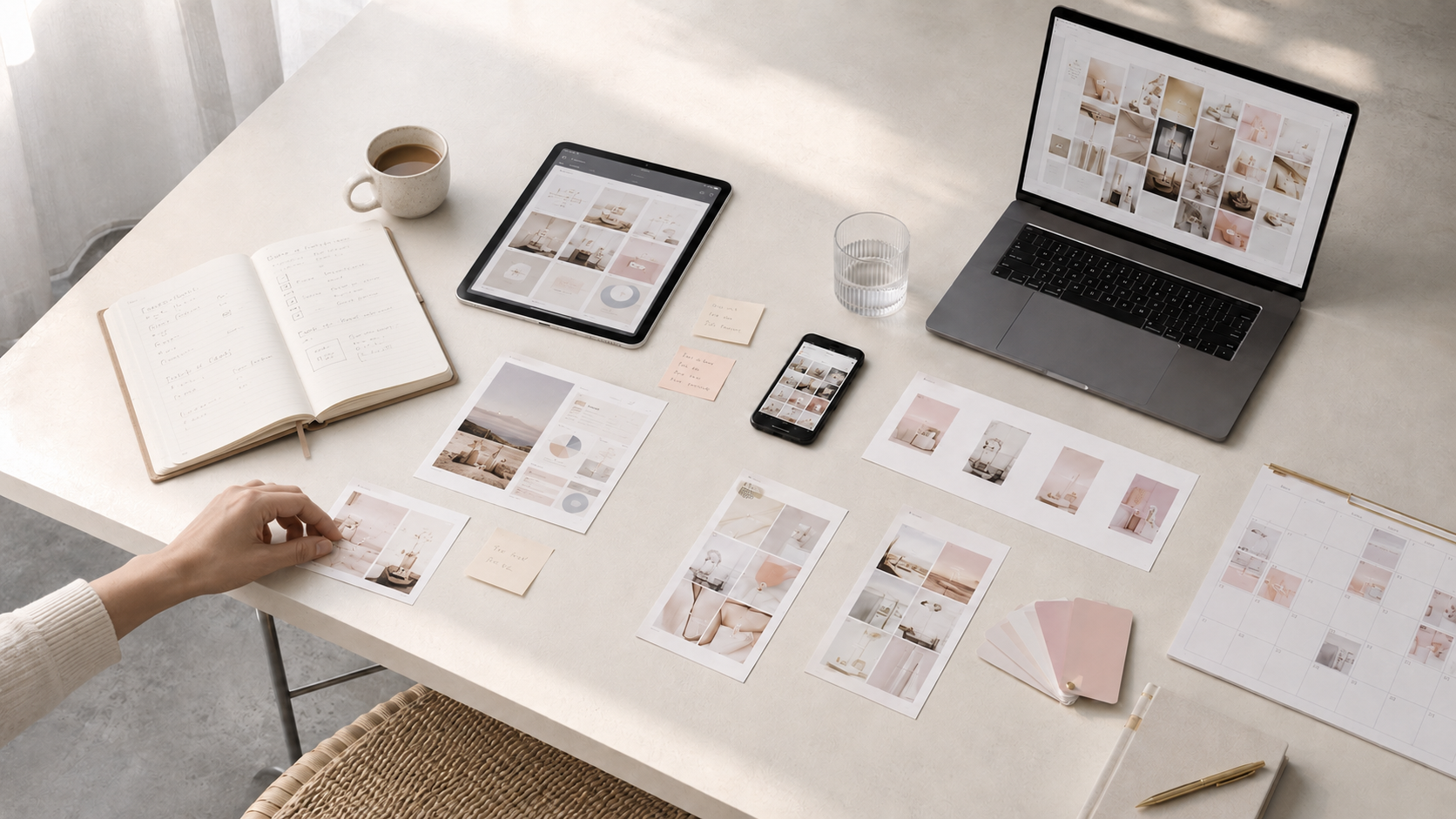 Creative social content planning workspace with a notebook, tablet and printed layouts