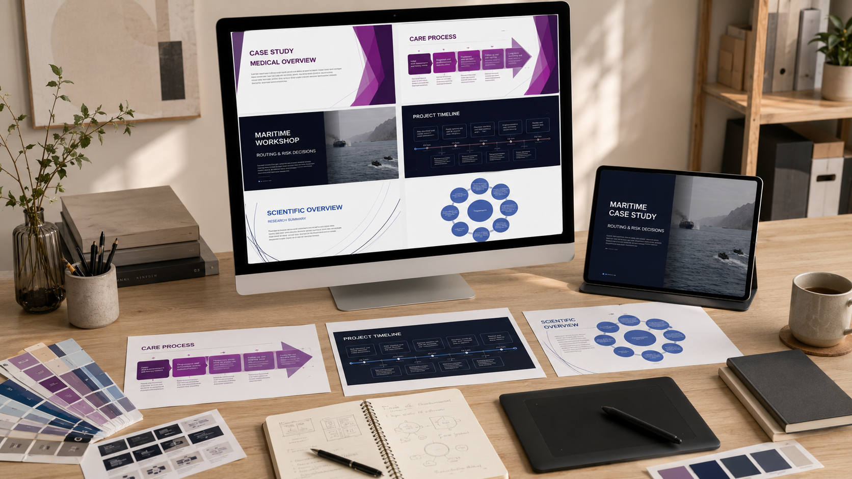 Presentation design portfolio showing medical, maritime and academic slide decks